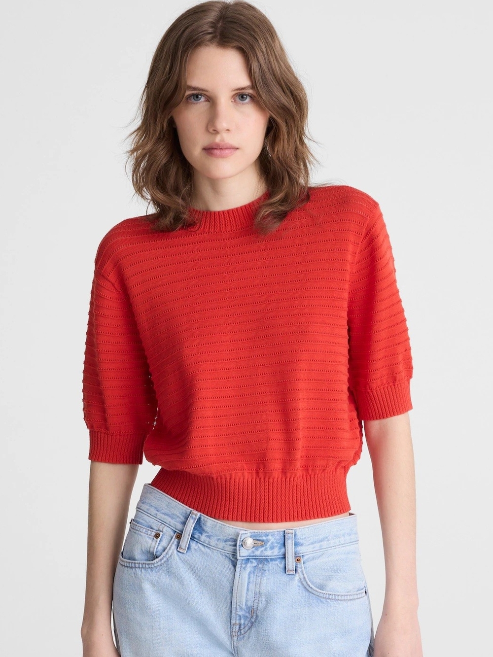 NWT Madewell Textural-Stitch Crewneck Sweater 100% Cotton Wild Poppy Red S